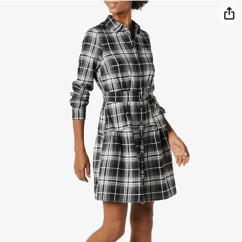 Black White Plaid Cotton Flannel Mini Dress w. Pockets, Belt, Flounce Skirt